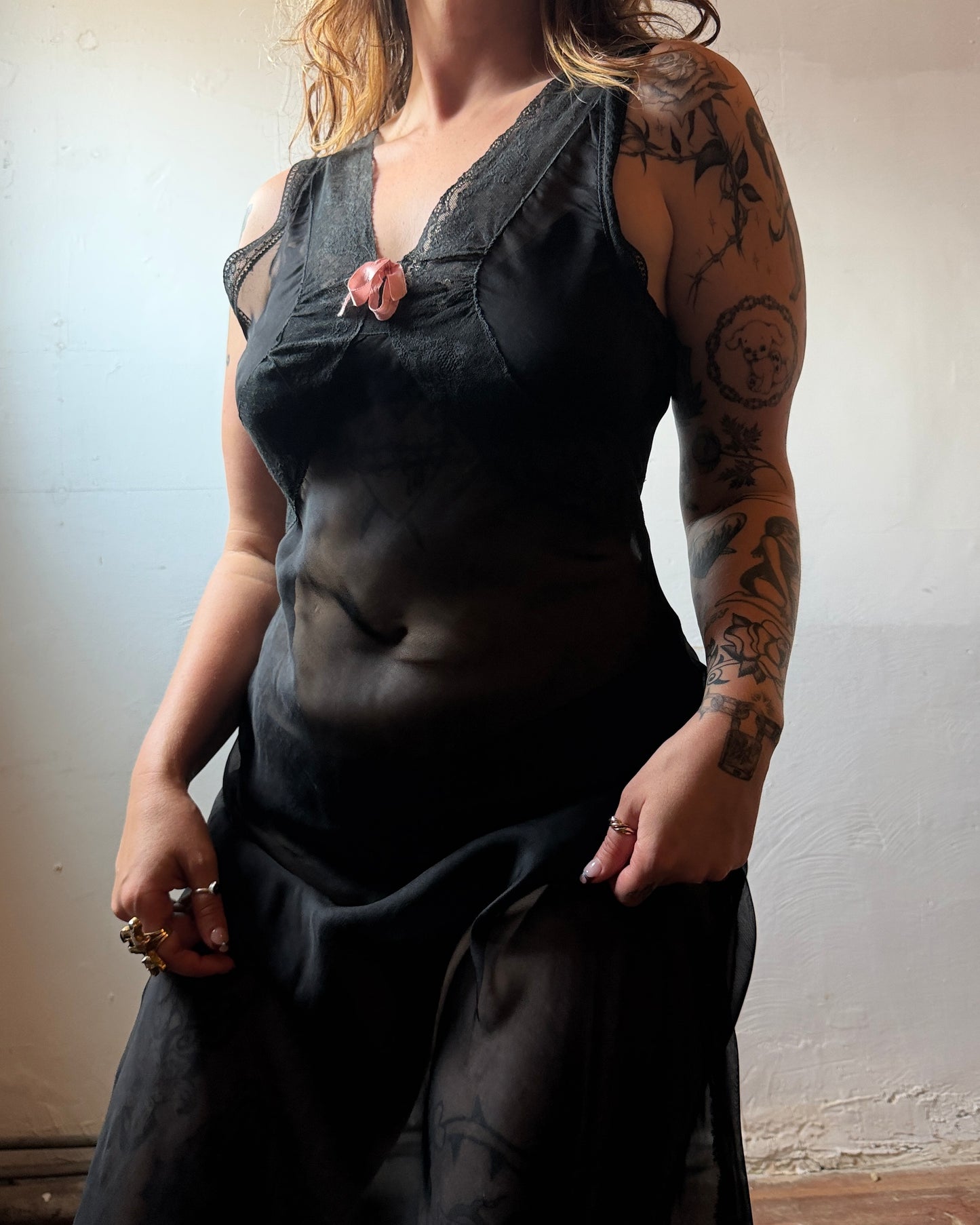 40s Dotted Black Sheer Chiffon Lace Slip Dress [XS-M]
