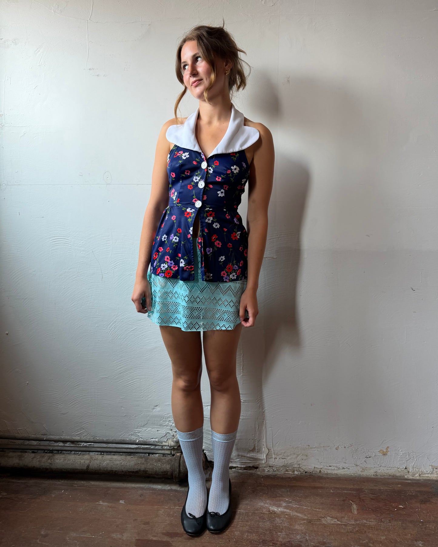 70s Collared Button Halter Top [S]