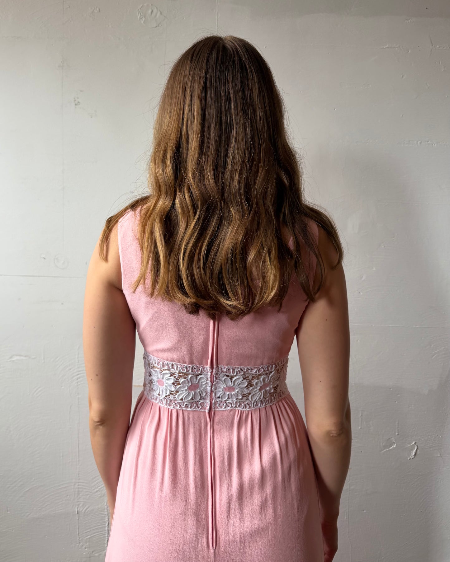 80s does 60s Pink Crepe Floral Cutout Maxi Dress [XS/S]