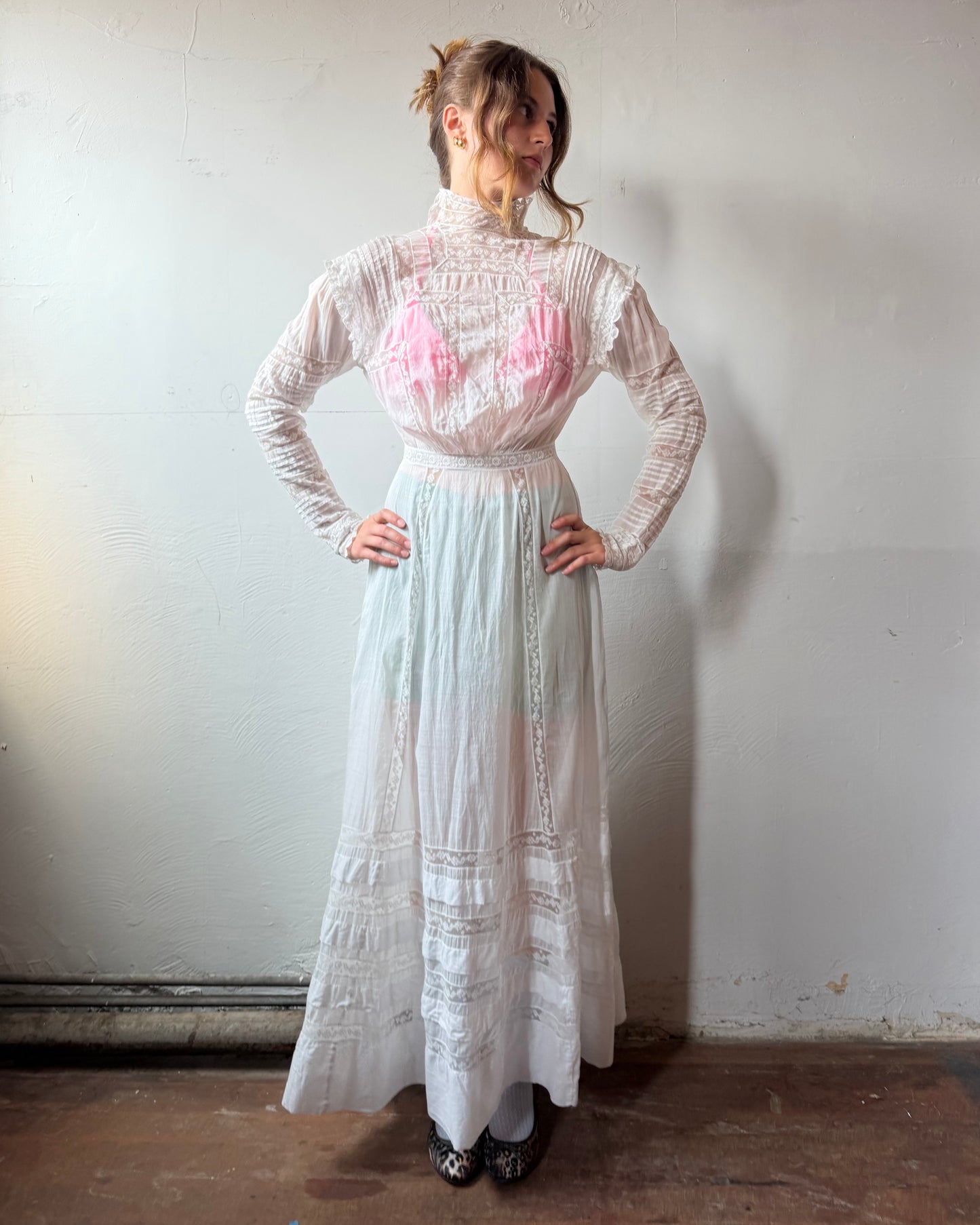 Edwardian Cotton Batiste Lace Insertion Dress [XS/S]