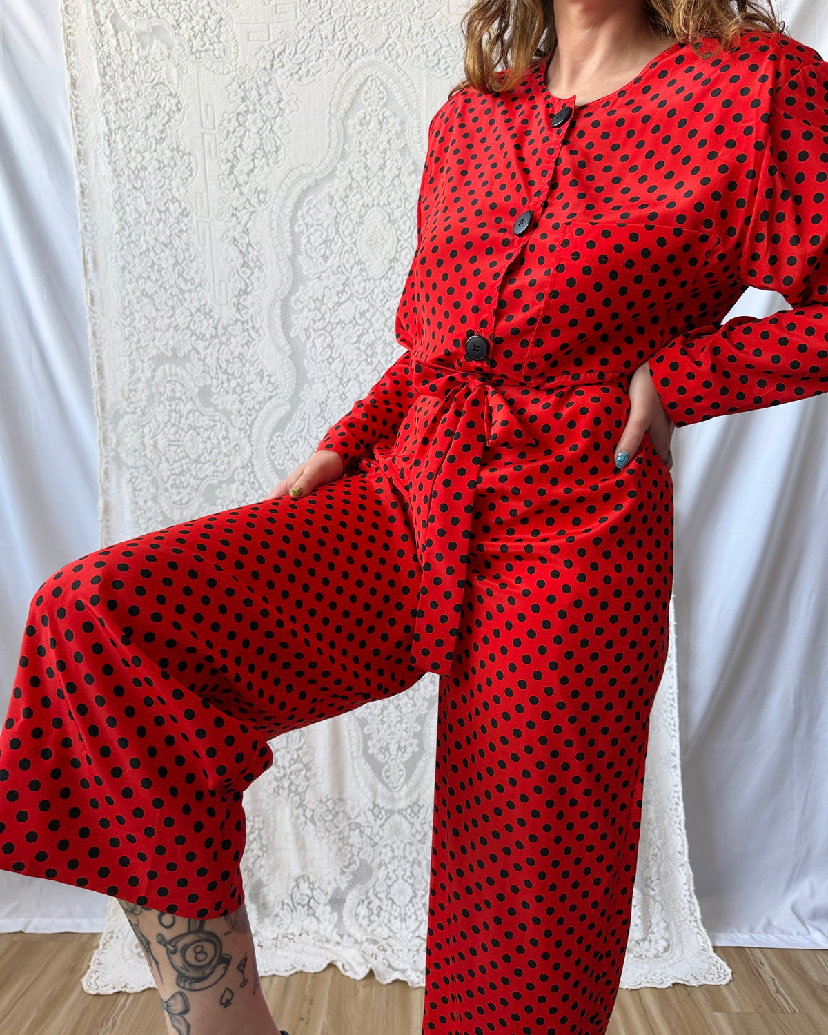 80s Black + Red Polka Dot Jumpsuit [M]