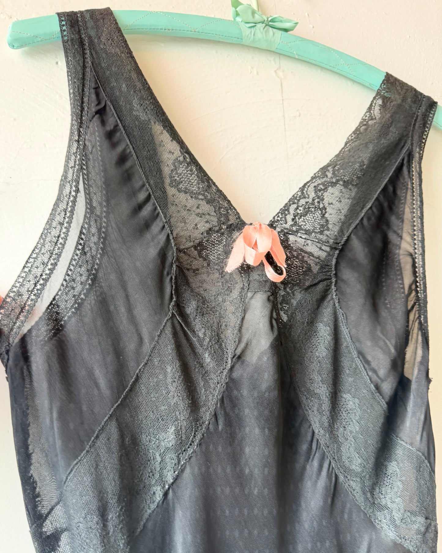 40s Dotted Black Sheer Chiffon Lace Slip Dress [XS-M]