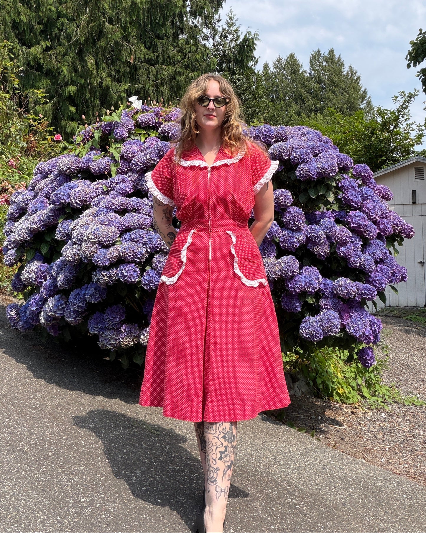 40s Red Polka Dot Cotton Dress [M/L]