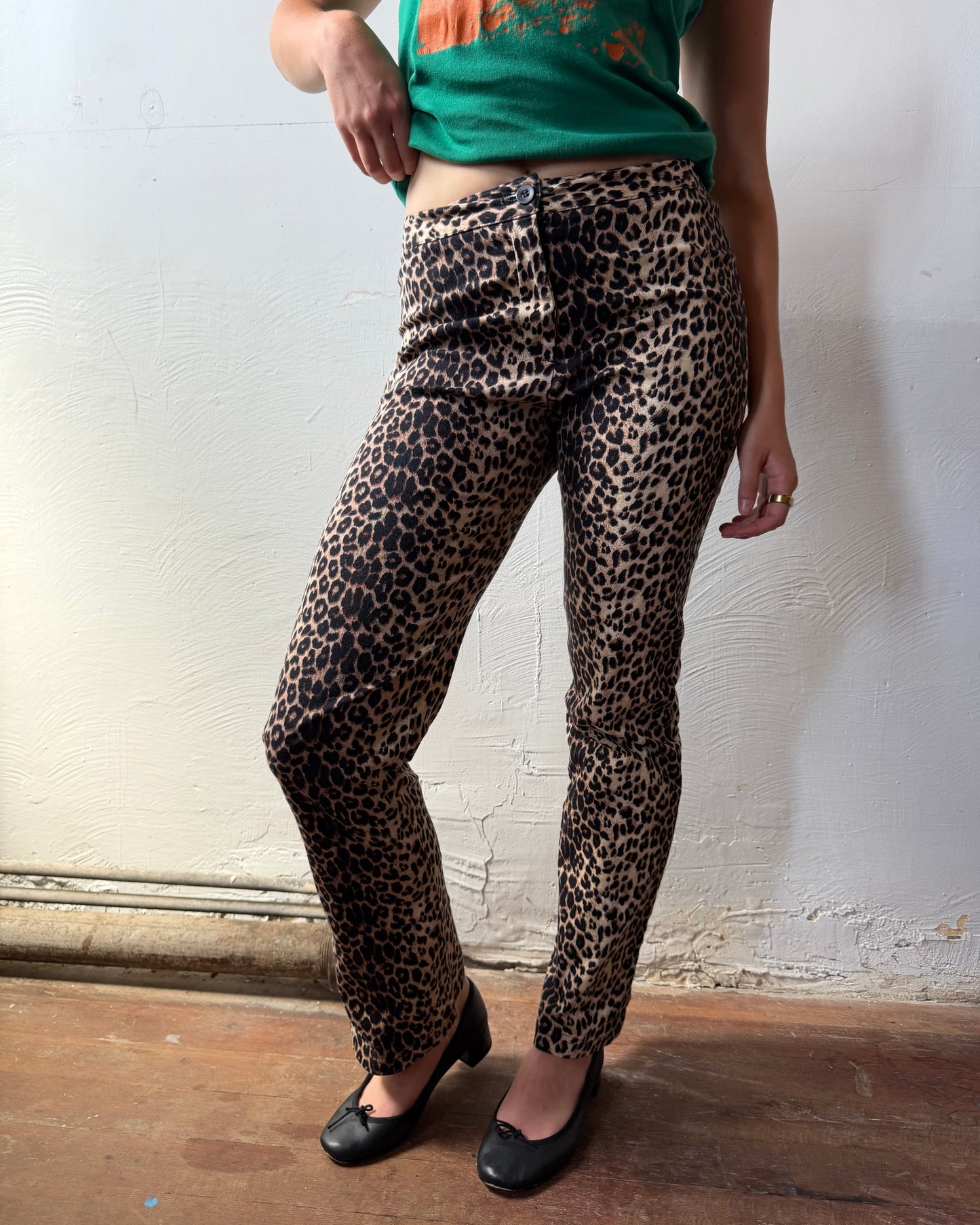 90s Leopard Print Cotton Stretch Pants [S/M]