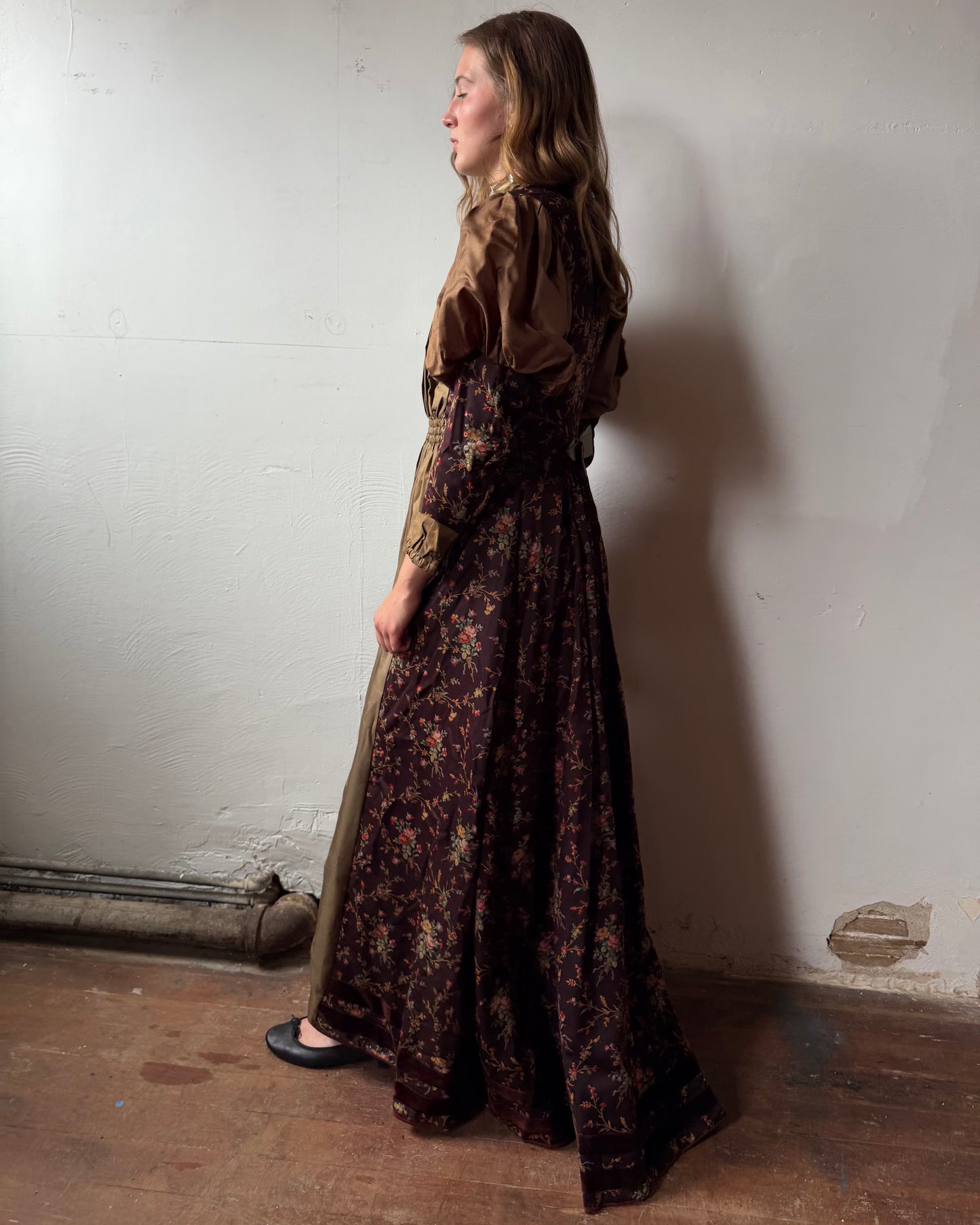 Victorian Silk Gigot Sleeve Floral Wool Dress [S]