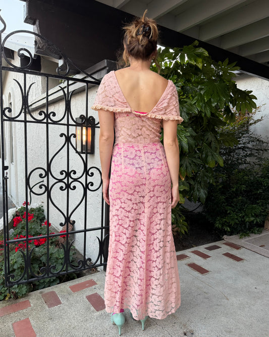 30s Pink Lace Caped Sleeve Bias Cut Dress [XS/S]