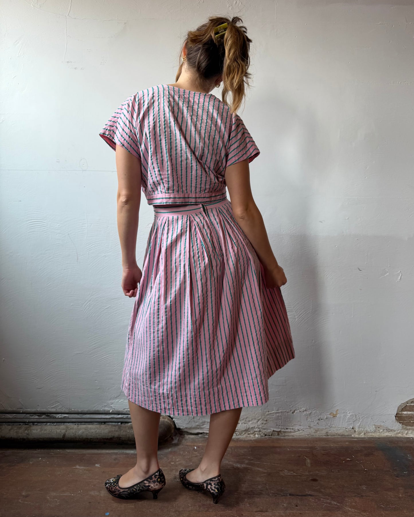 40s Candy Stripe Seersucker Dress + Bolero Set [S/M]