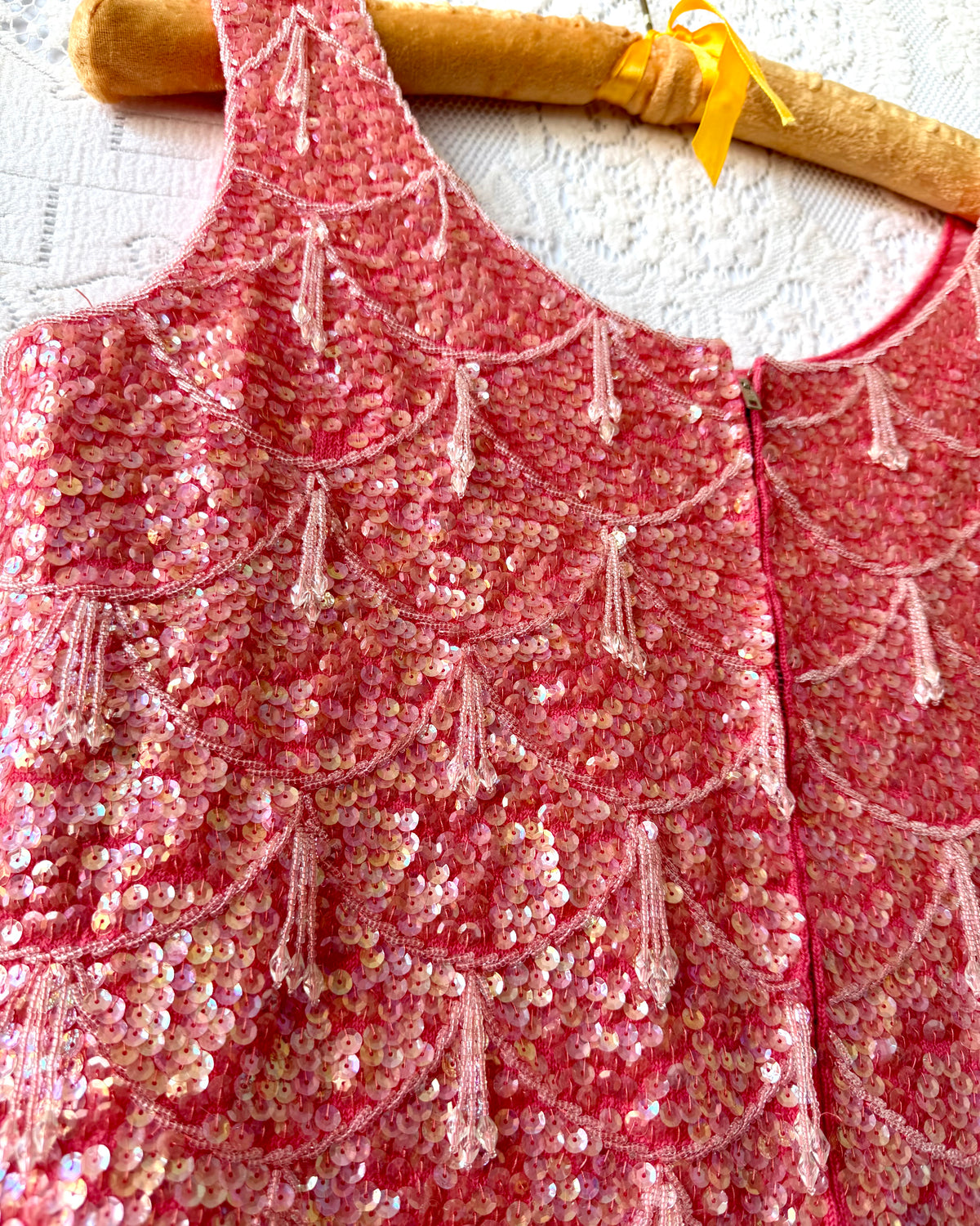 60s Coral Beaded Fringe Sequin Top [M]