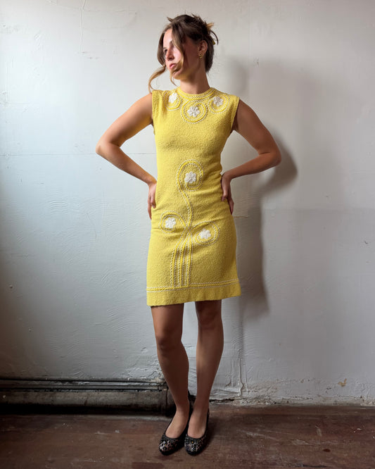 60s Yellow Bouclé Knit Mini Dress [S]
