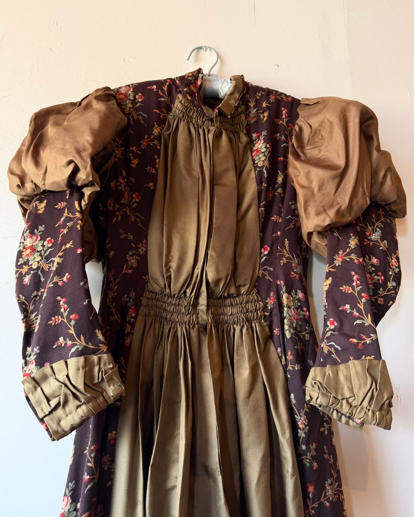 Victorian Silk Gigot Sleeve Floral Wool Dress [S]
