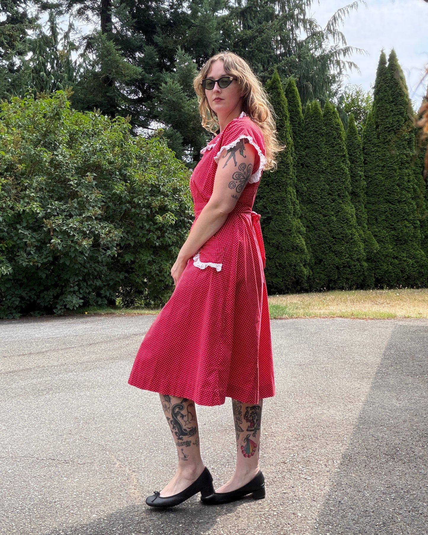 40s Red Polka Dot Cotton Dress [M/L]