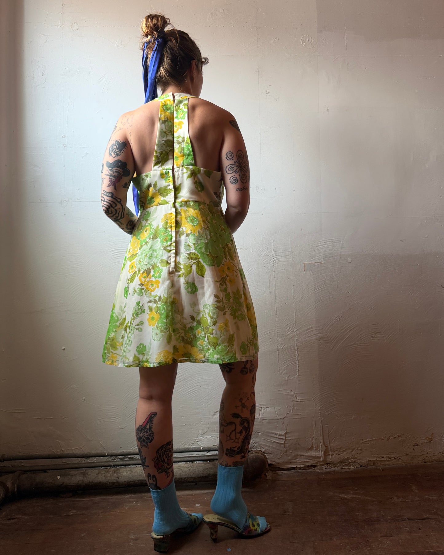 60s Floral Chiffon Open Back Mini Dress [L]