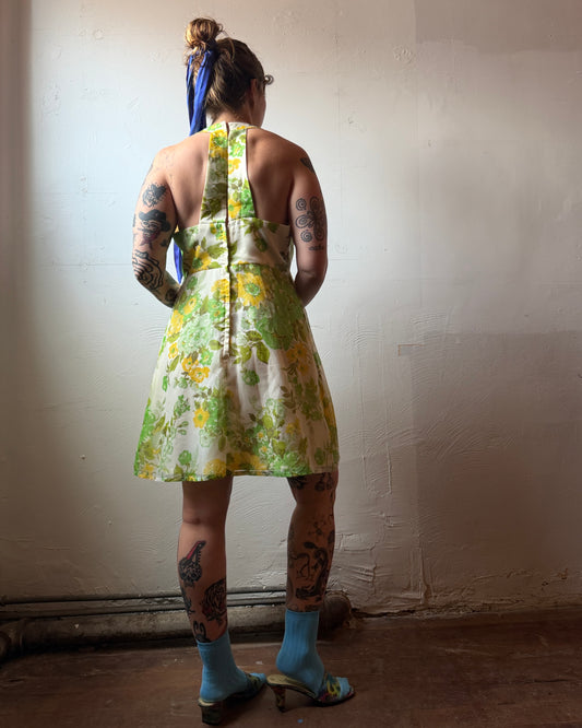 60s Floral Chiffon Open Back Mini Dress [L]
