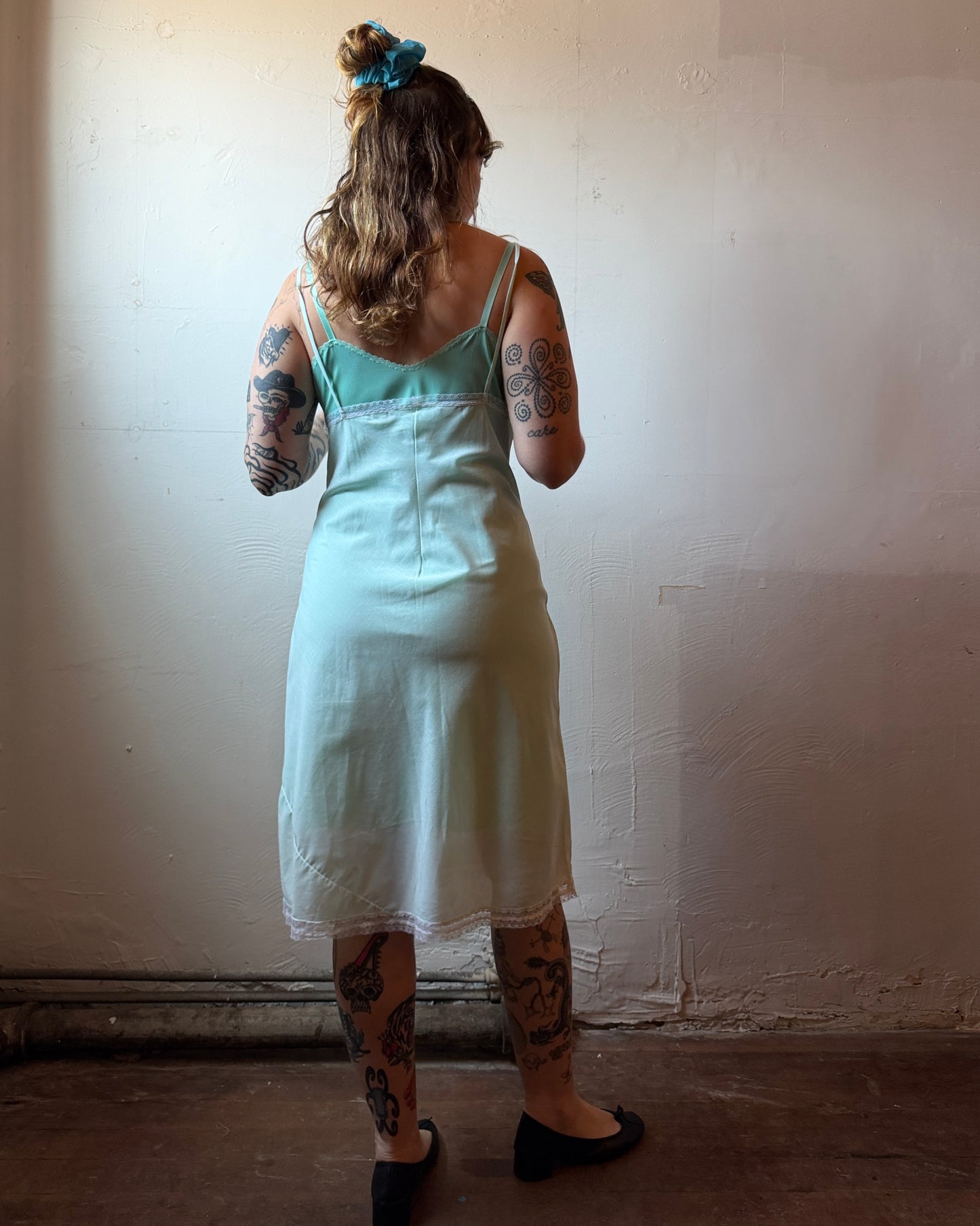60s Mint Embroidered Slip Dress [M/L]