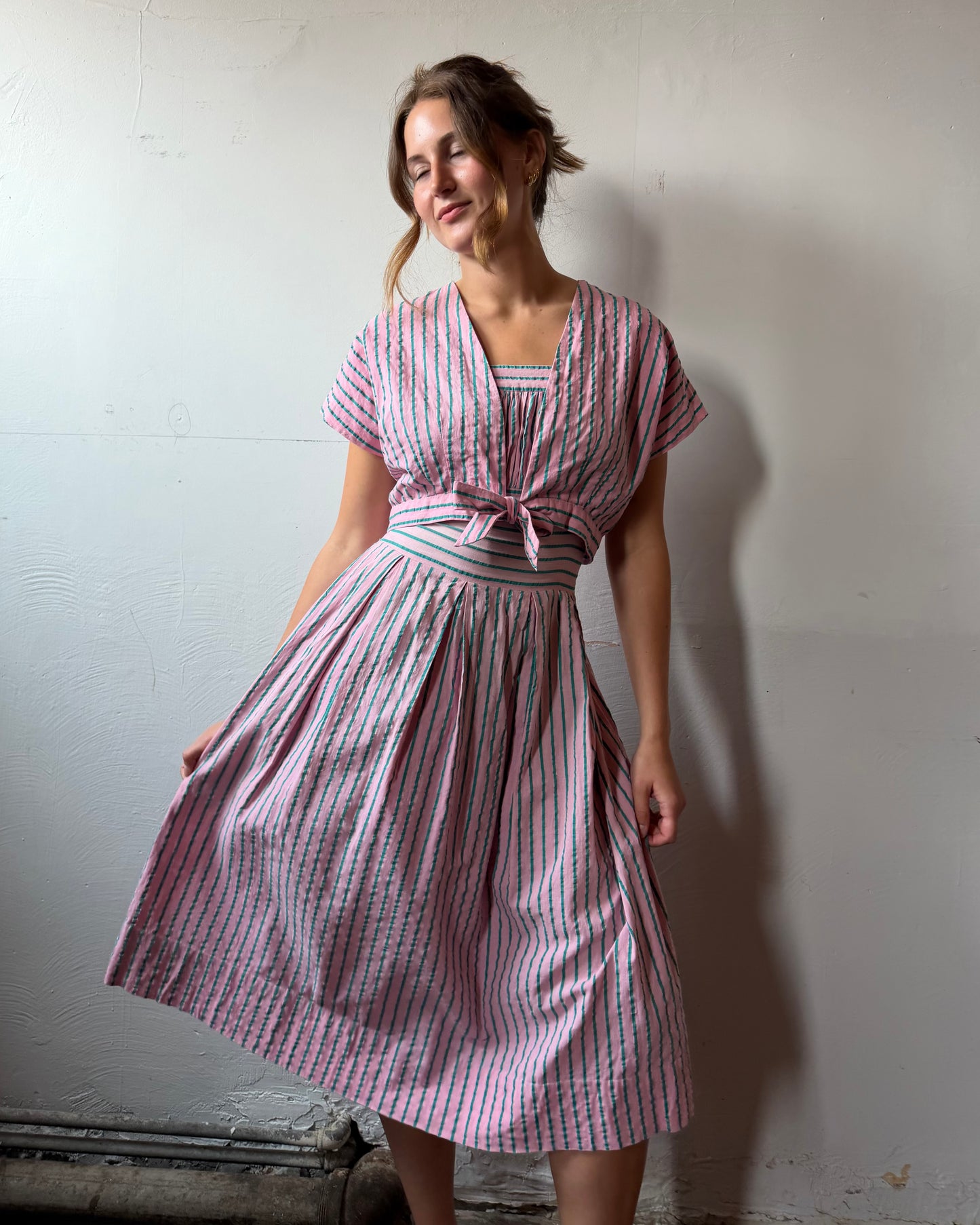 40s Candy Stripe Seersucker Dress + Bolero Set [S/M]