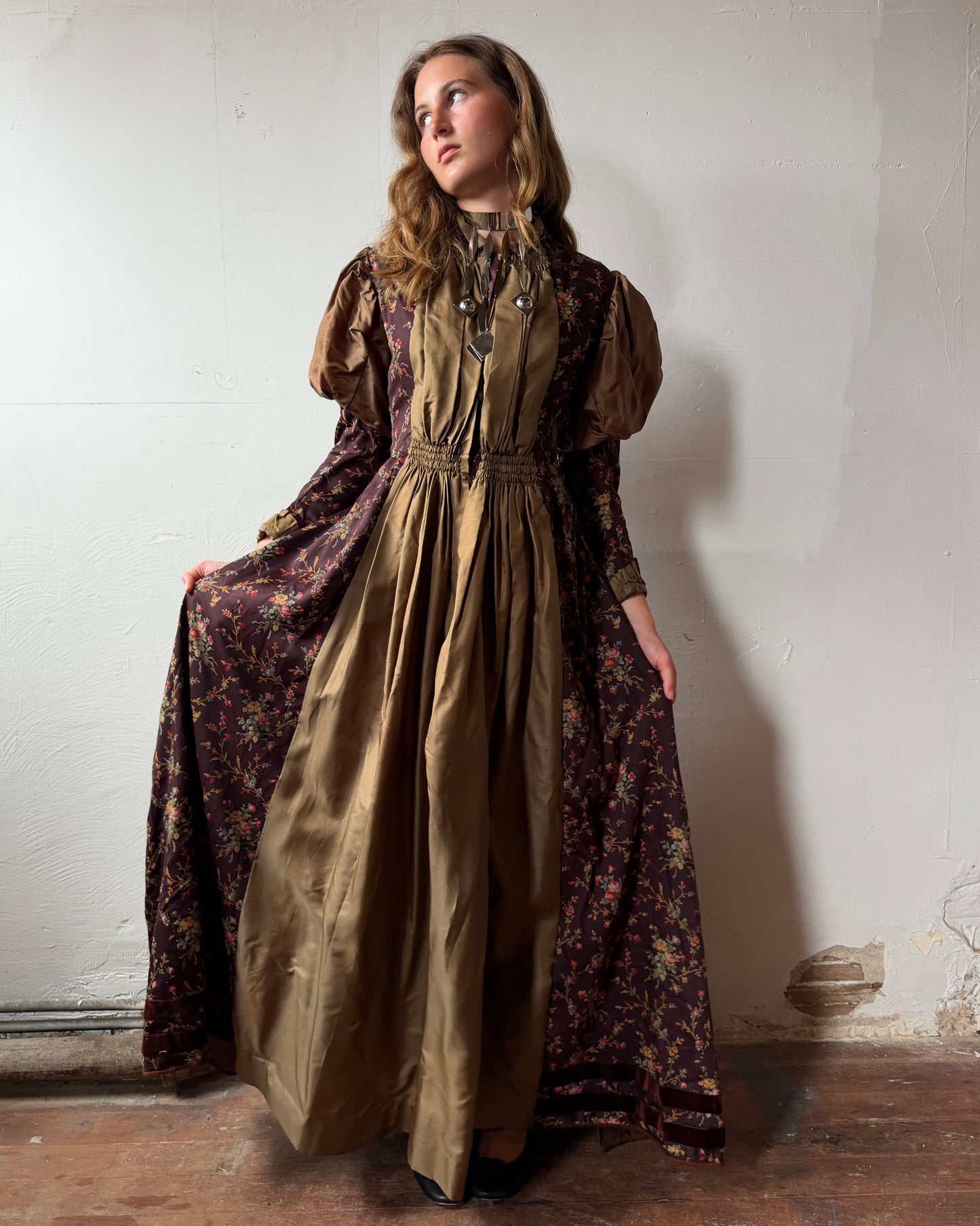 Victorian Silk Gigot Sleeve Floral Wool Dress [S]