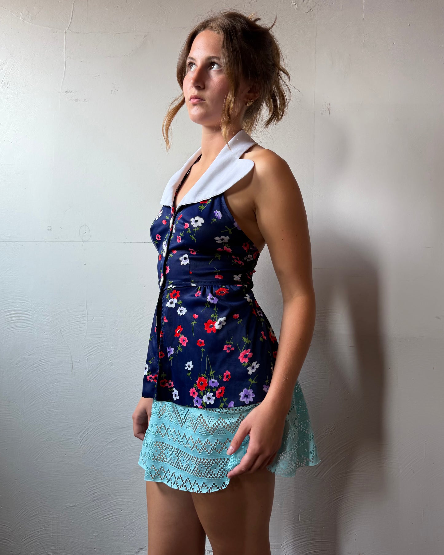 70s Collared Button Halter Top [S]