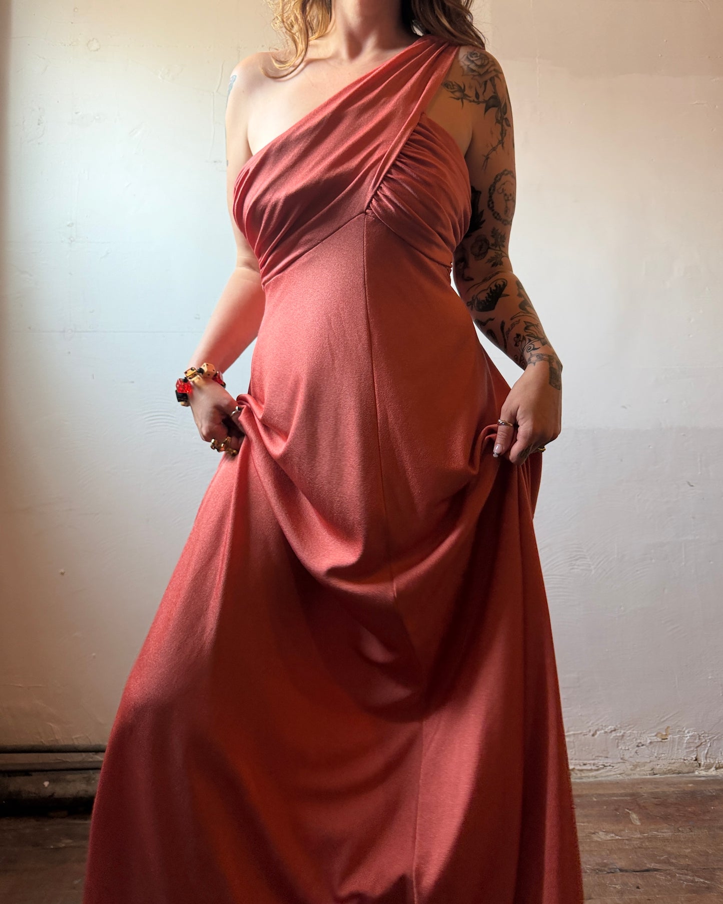 70s Donald Brooks Jersey Scarf One Shoulder Disco Gown [M/L]