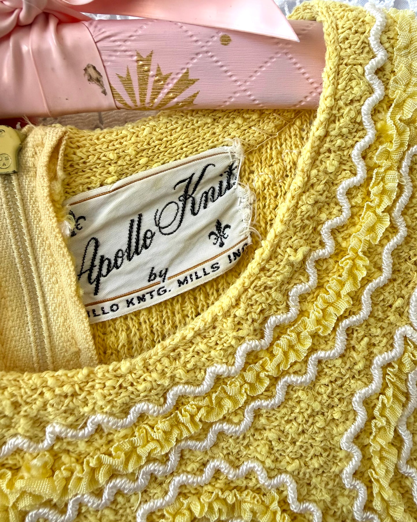 60s Yellow Bouclé Knit Mini Dress [S]