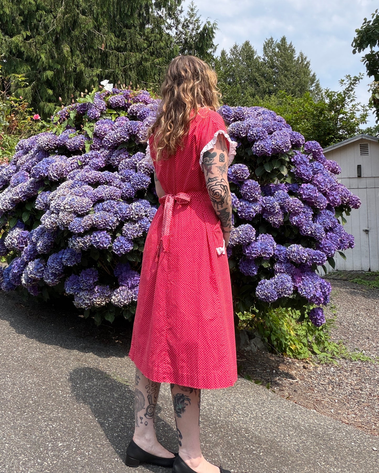 40s Red Polka Dot Cotton Dress [M/L]