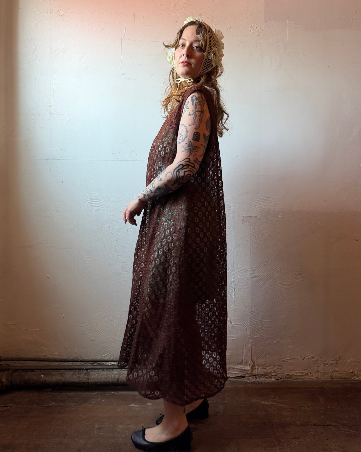 70s Brown Openwork Sheer Lace Maxi Dress [L]