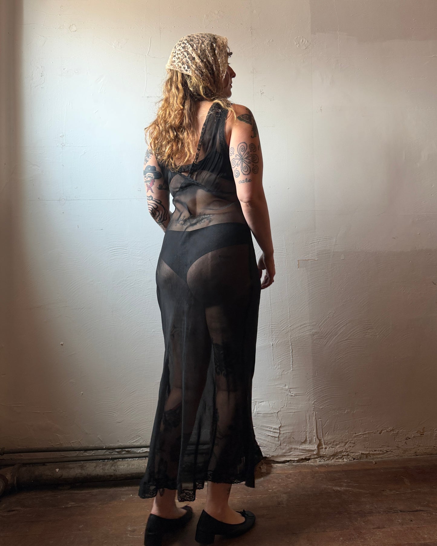 40s Dotted Black Sheer Chiffon Lace Slip Dress [XS-M]