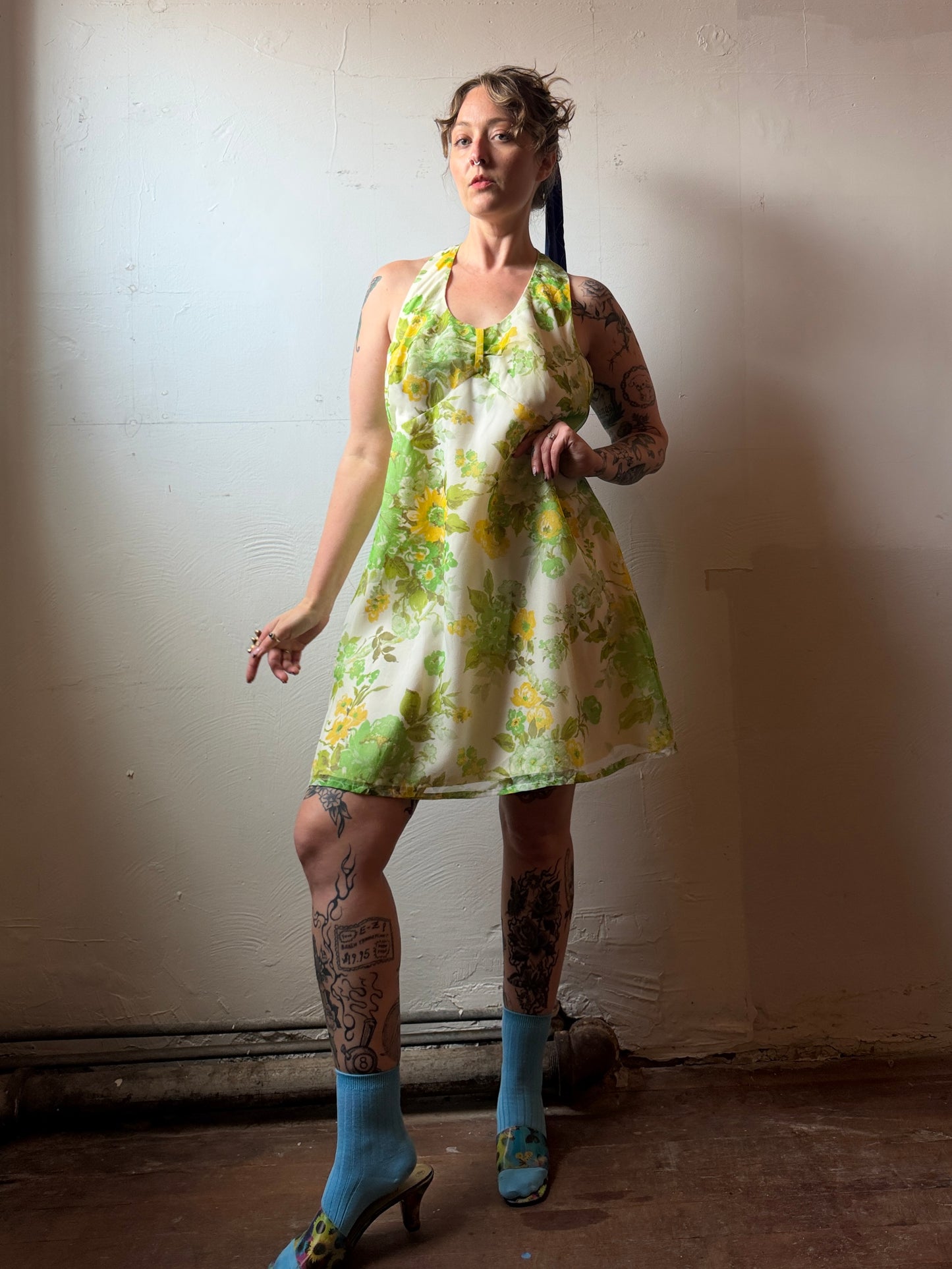 60s Floral Chiffon Open Back Mini Dress [L]