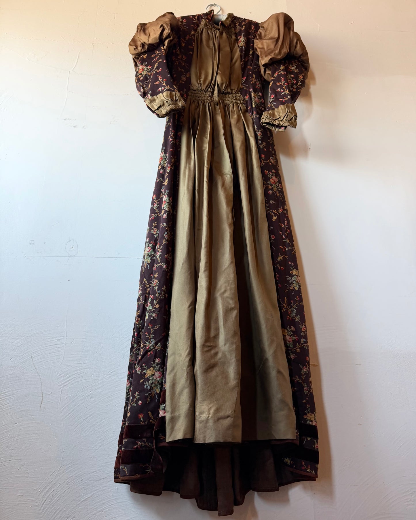 Victorian Silk Gigot Sleeve Floral Wool Dress [S]