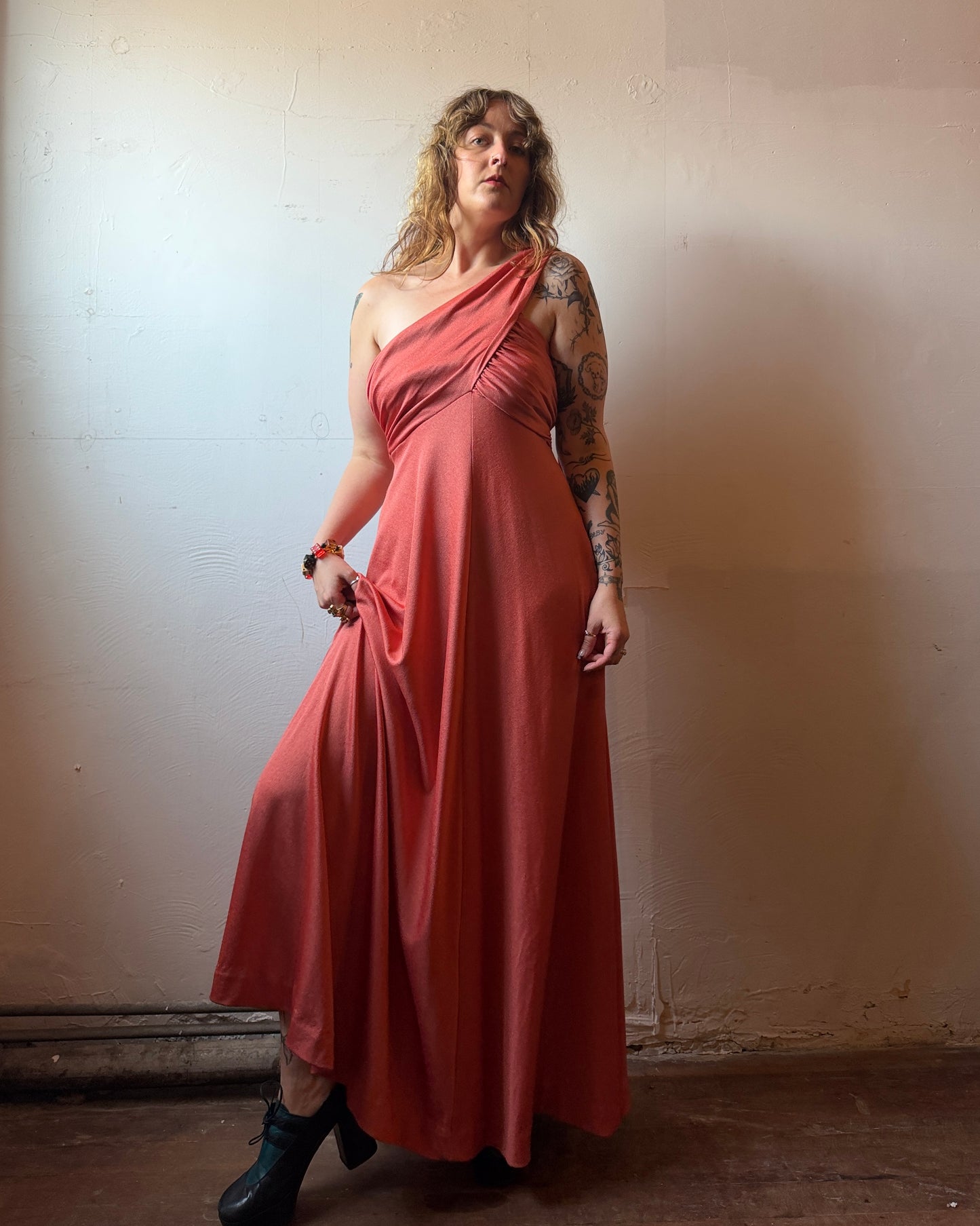 70s Donald Brooks Jersey Scarf One Shoulder Disco Gown [M/L]