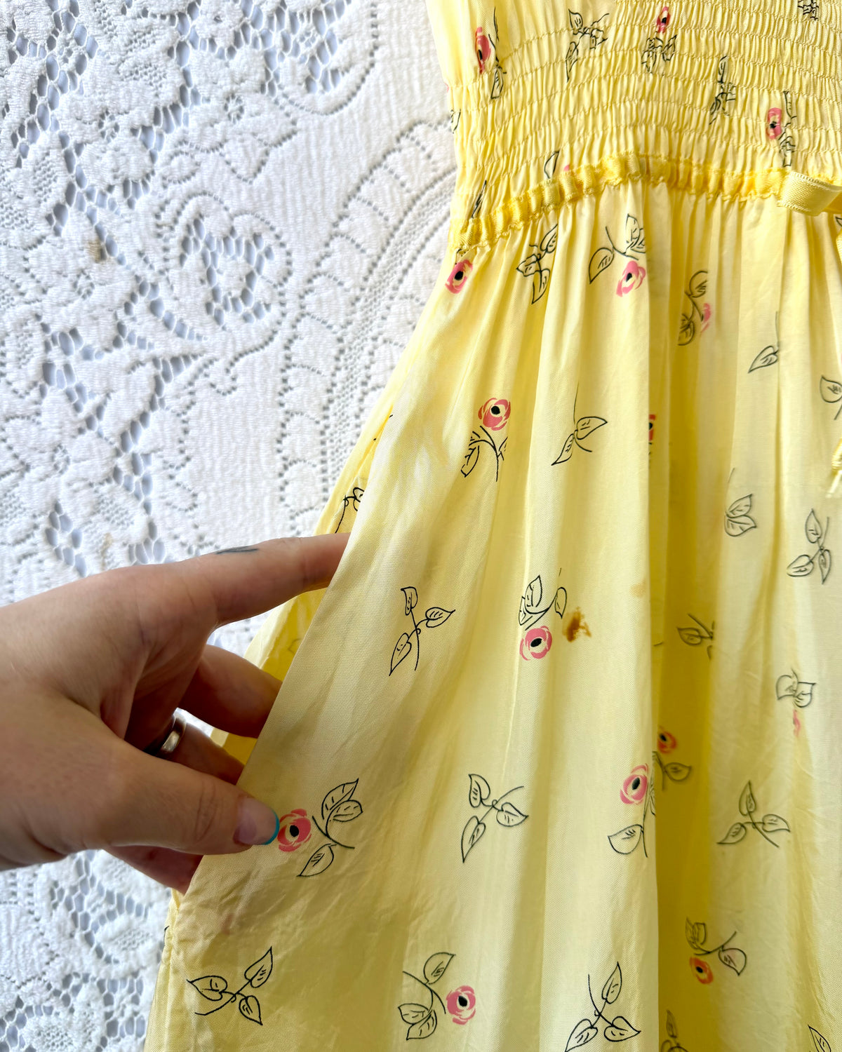 40s Yellow Rosebud Smocked Midi Dress [S-L]