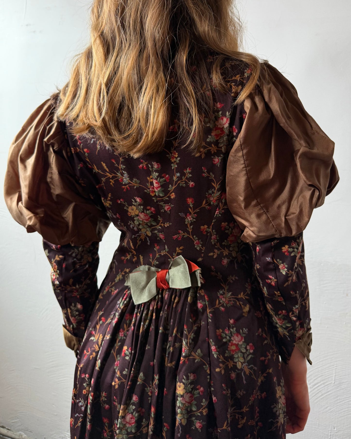 Victorian Silk Gigot Sleeve Floral Wool Dress [S]