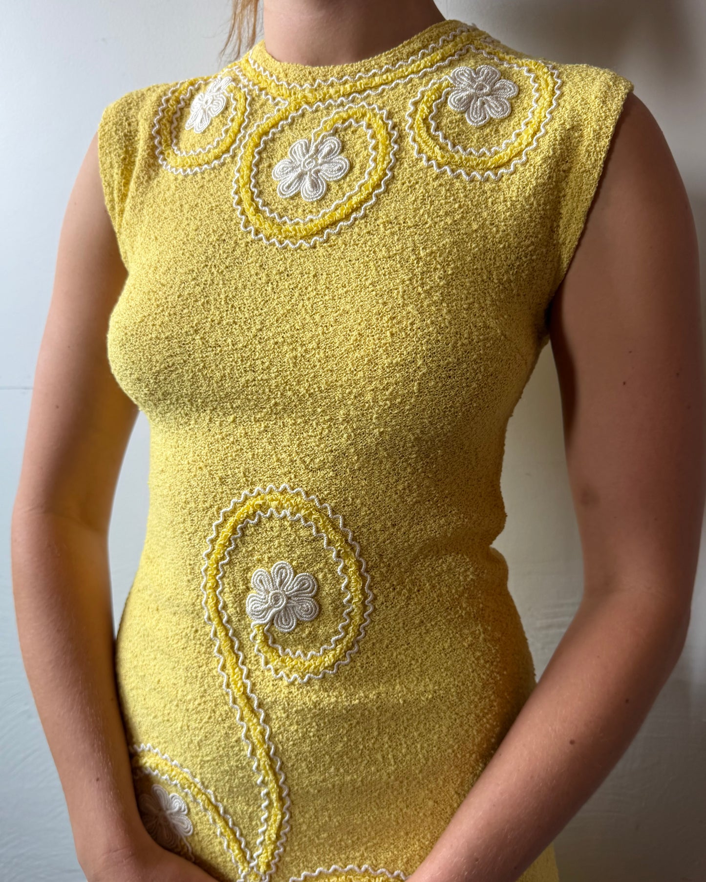 60s Yellow Bouclé Knit Mini Dress [S]