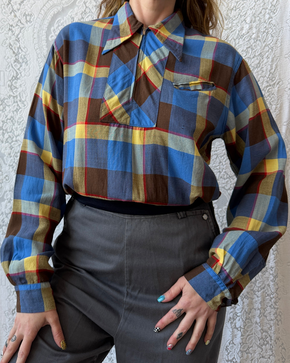 50s Pilgrim Plaid Rayon Gaucho Shirt [M]