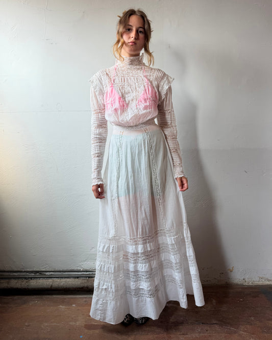 Edwardian Cotton Batiste Lace Insertion Dress [XS/S]