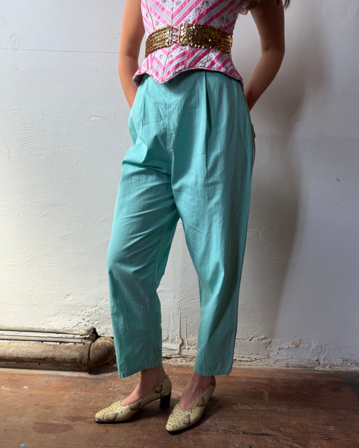 40s Mint Cotton Pleated Trousers [S/M]