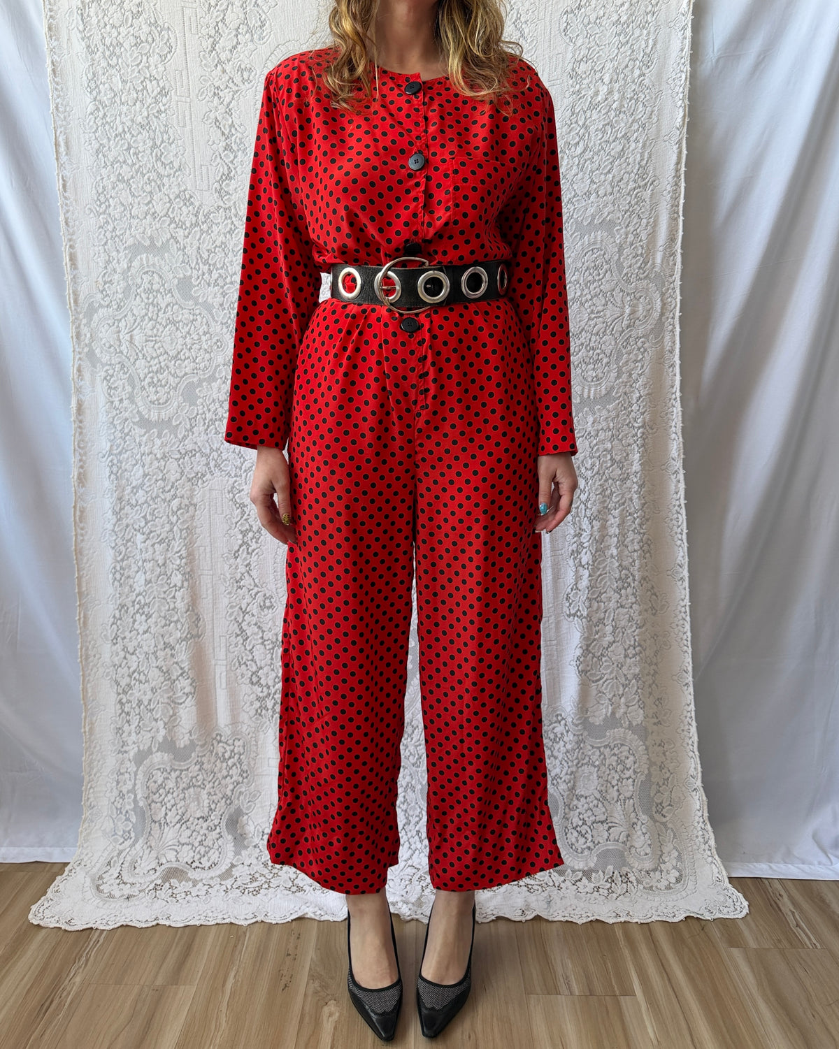 80s Black + Red Polka Dot Jumpsuit [M]