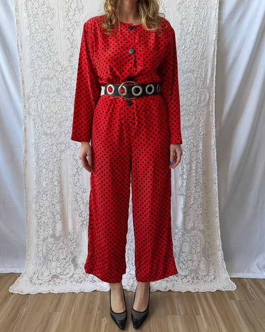 80s Black + Red Polka Dot Jumpsuit [M]