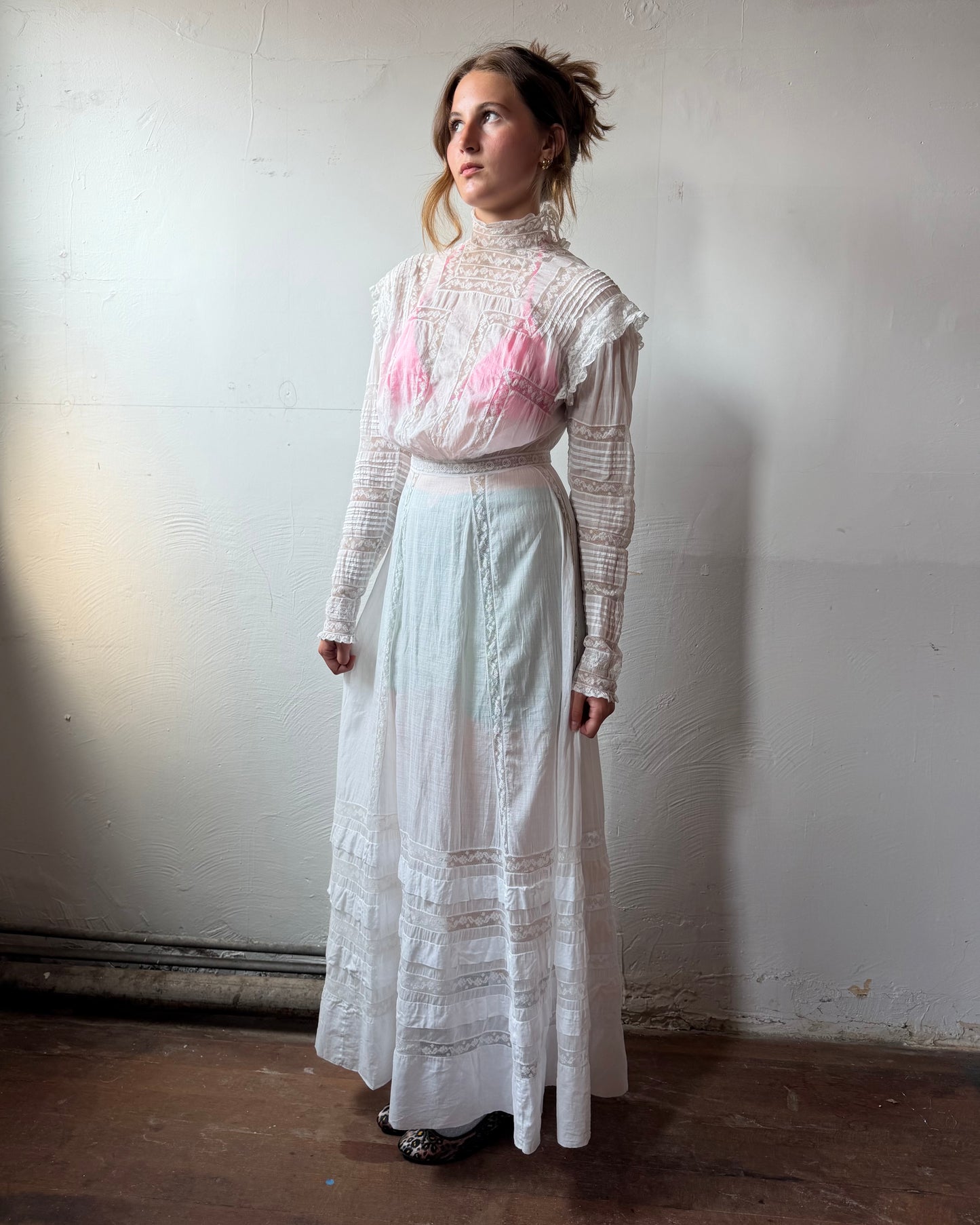 Edwardian Cotton Batiste Lace Insertion Dress [XS/S]