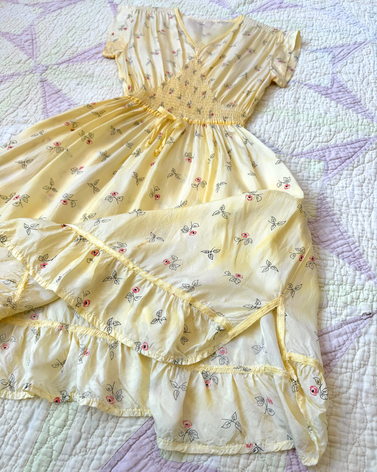 40s Yellow Rosebud Smocked Midi Dress [S-L]