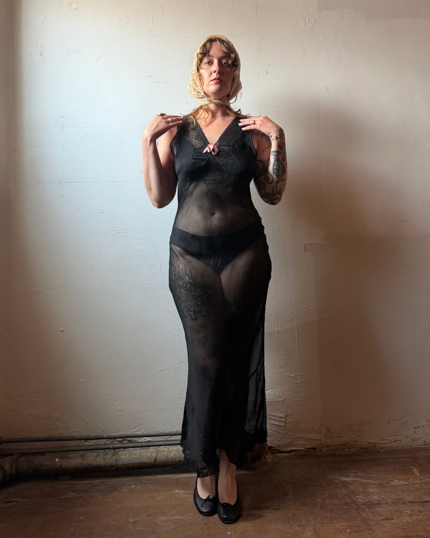 40s Dotted Black Sheer Chiffon Lace Slip Dress [XS-M]