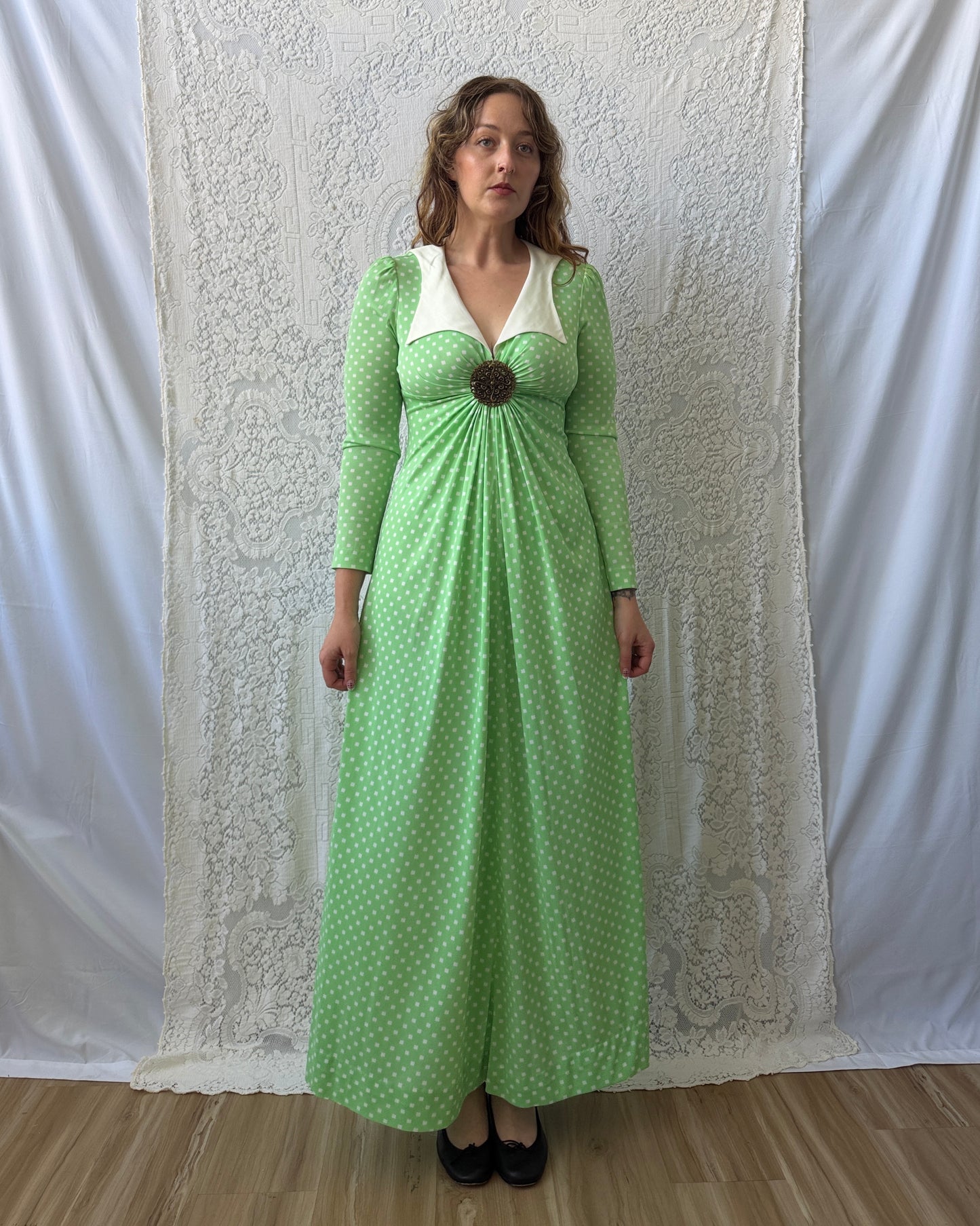 70s Corky Craig Green Dotted Maxi Dress [S/M]