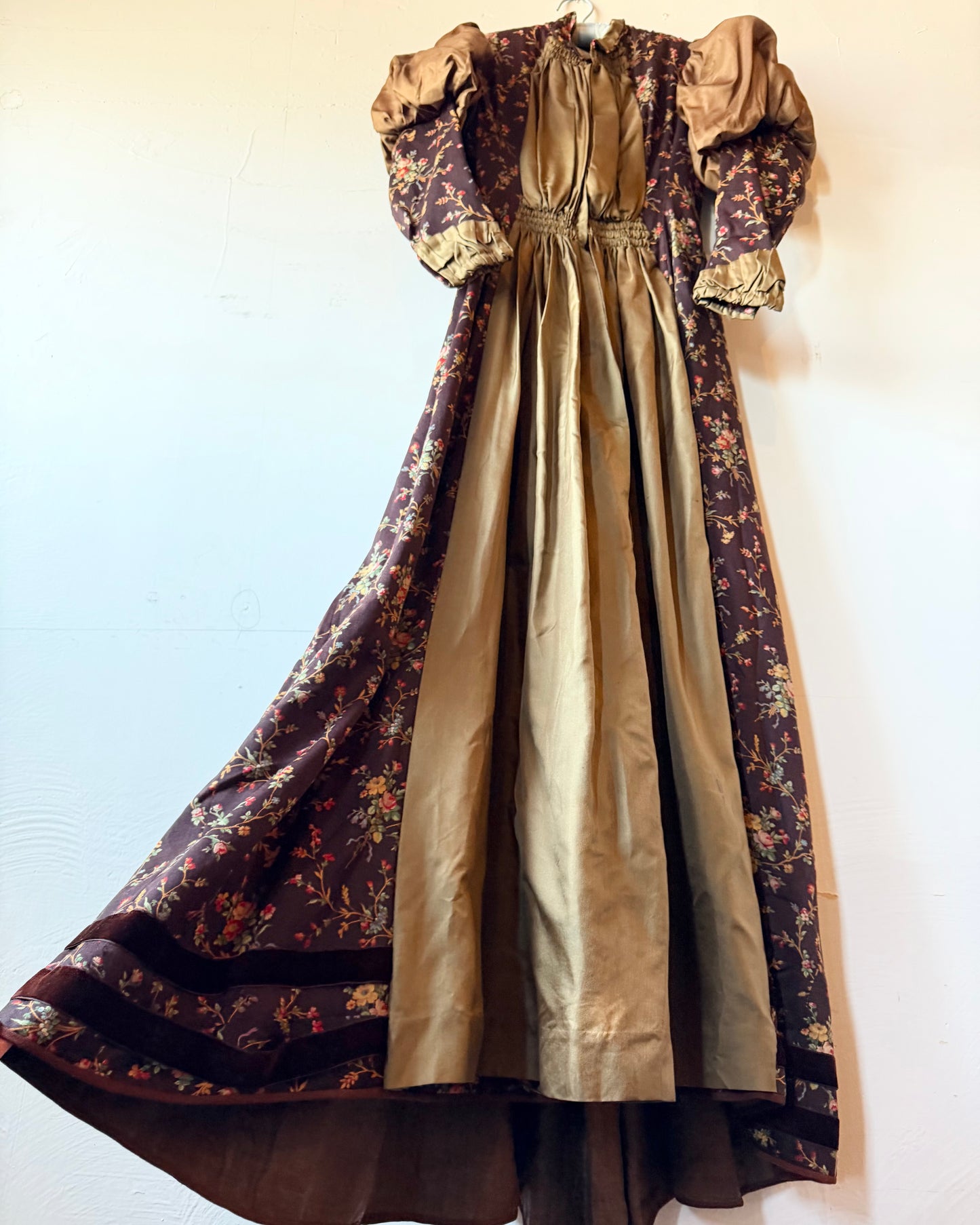 Victorian Silk Gigot Sleeve Floral Wool Dress [S]