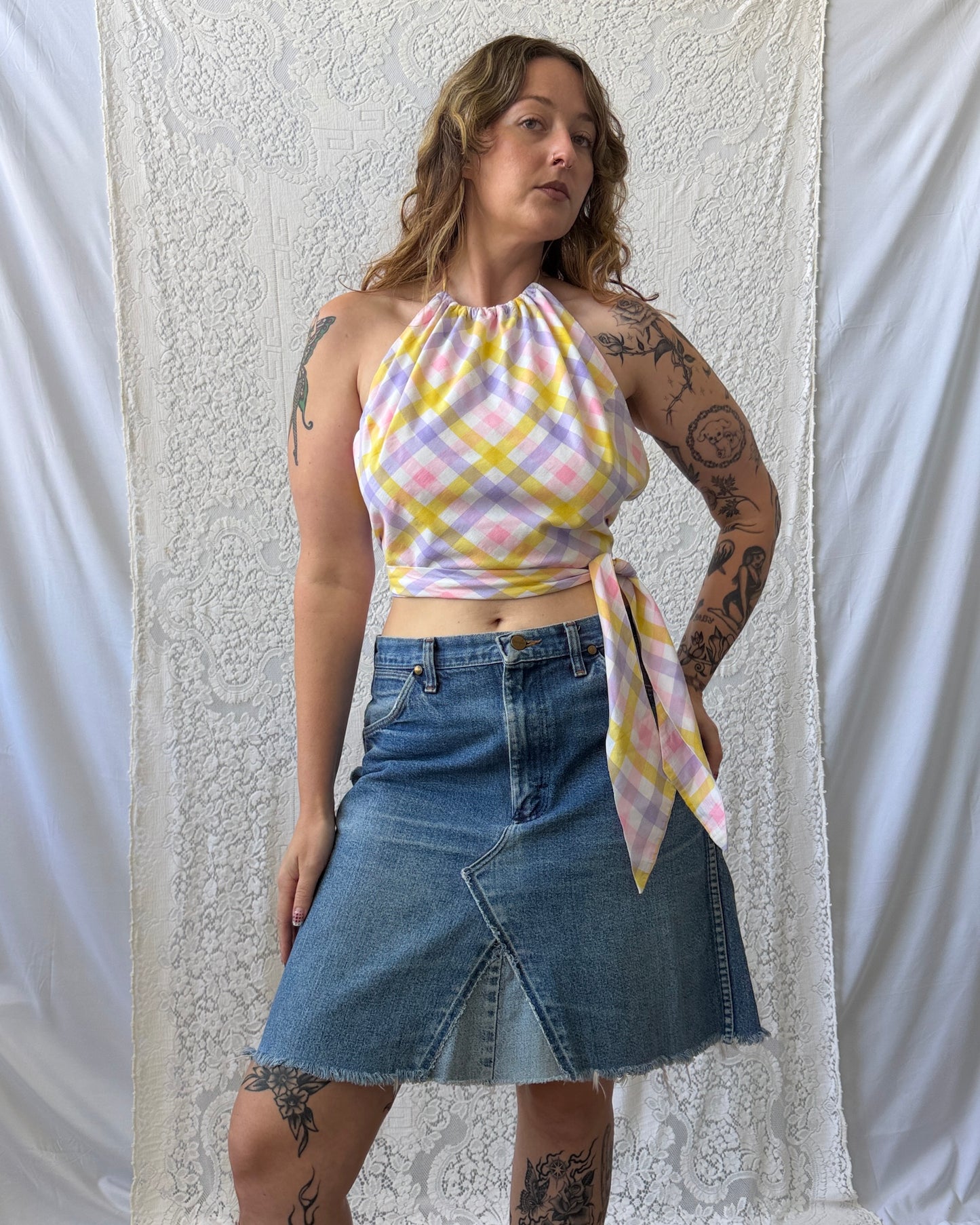70s Pastel Plaid Halter Top [L]