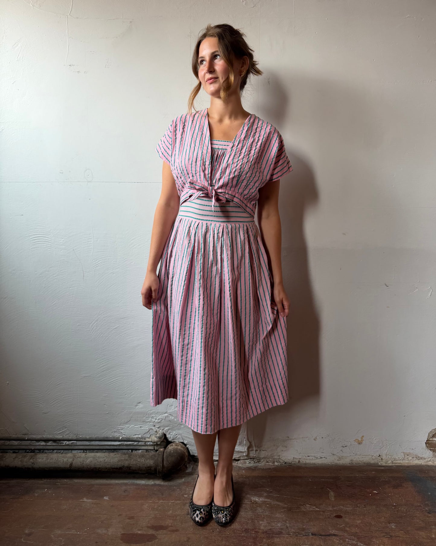 40s Candy Stripe Seersucker Dress + Bolero Set [S/M]
