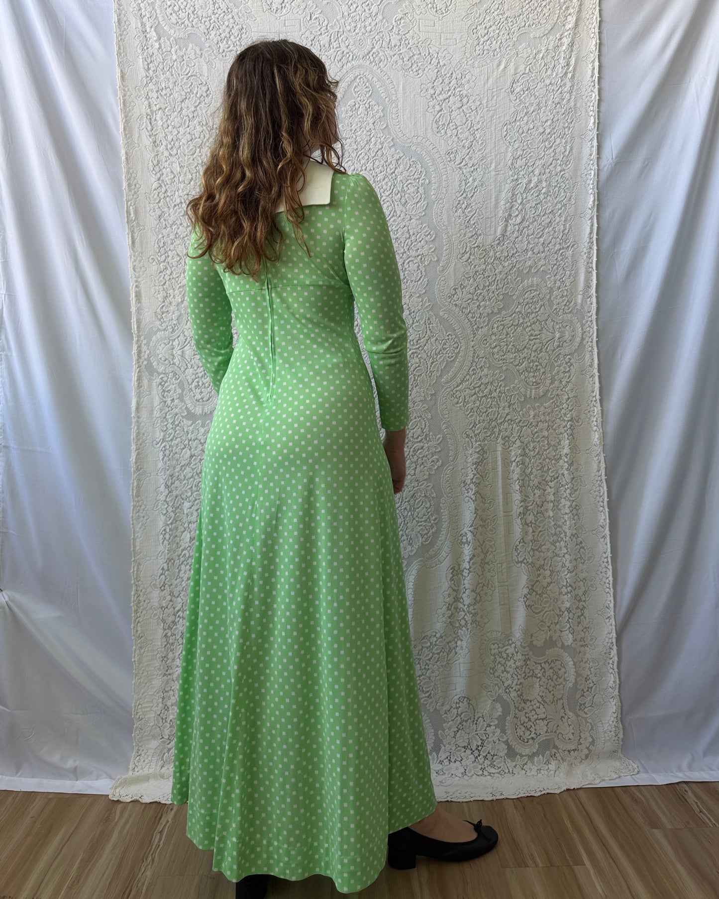 70s Corky Craig Green Dotted Maxi Dress [S/M]