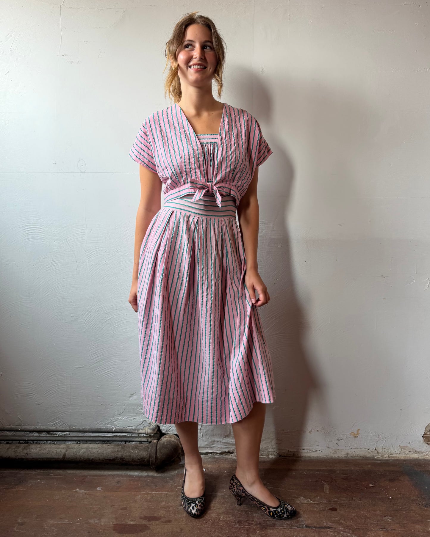 40s Candy Stripe Seersucker Dress + Bolero Set [S/M]