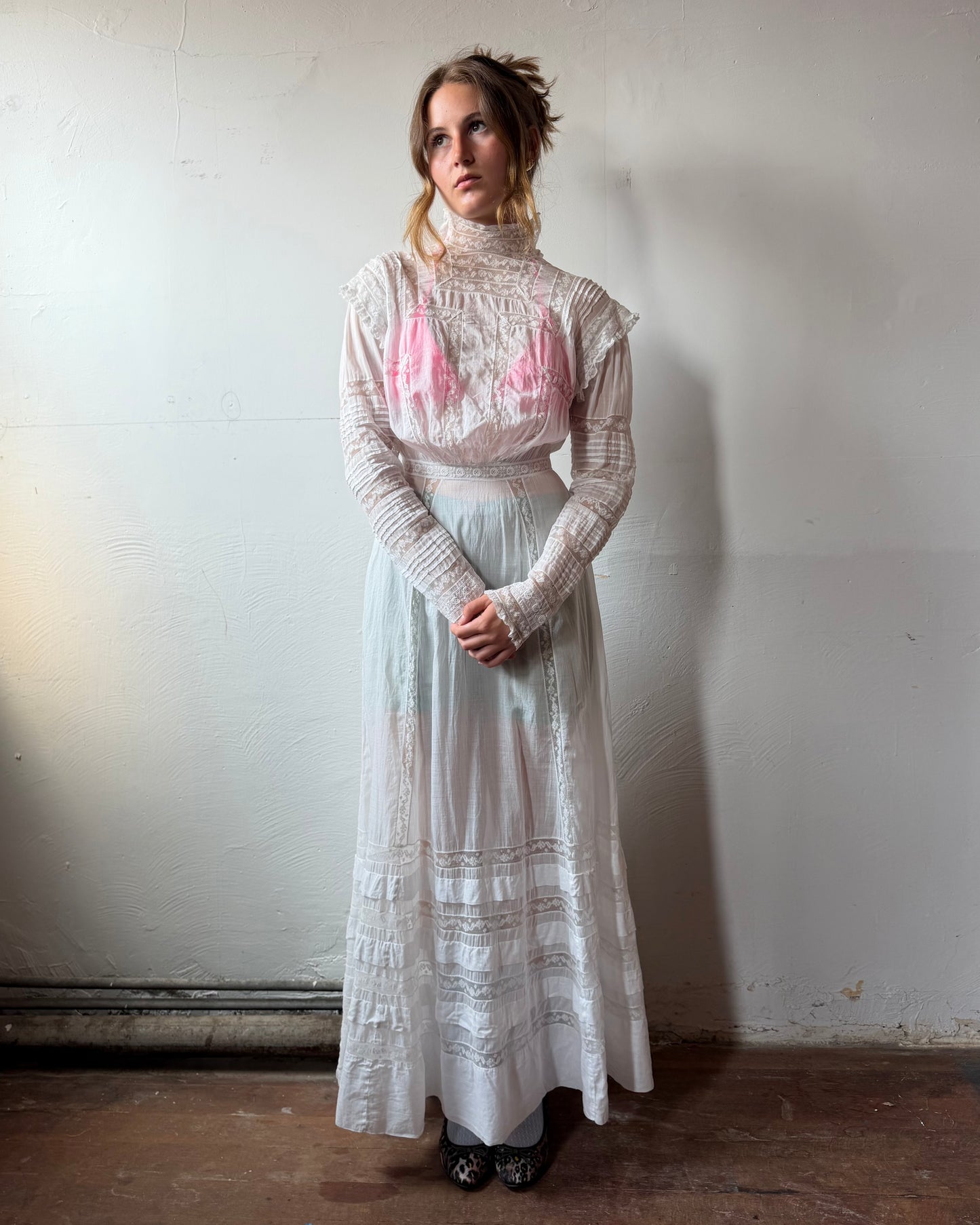 Edwardian Cotton Batiste Lace Insertion Dress [XS/S]