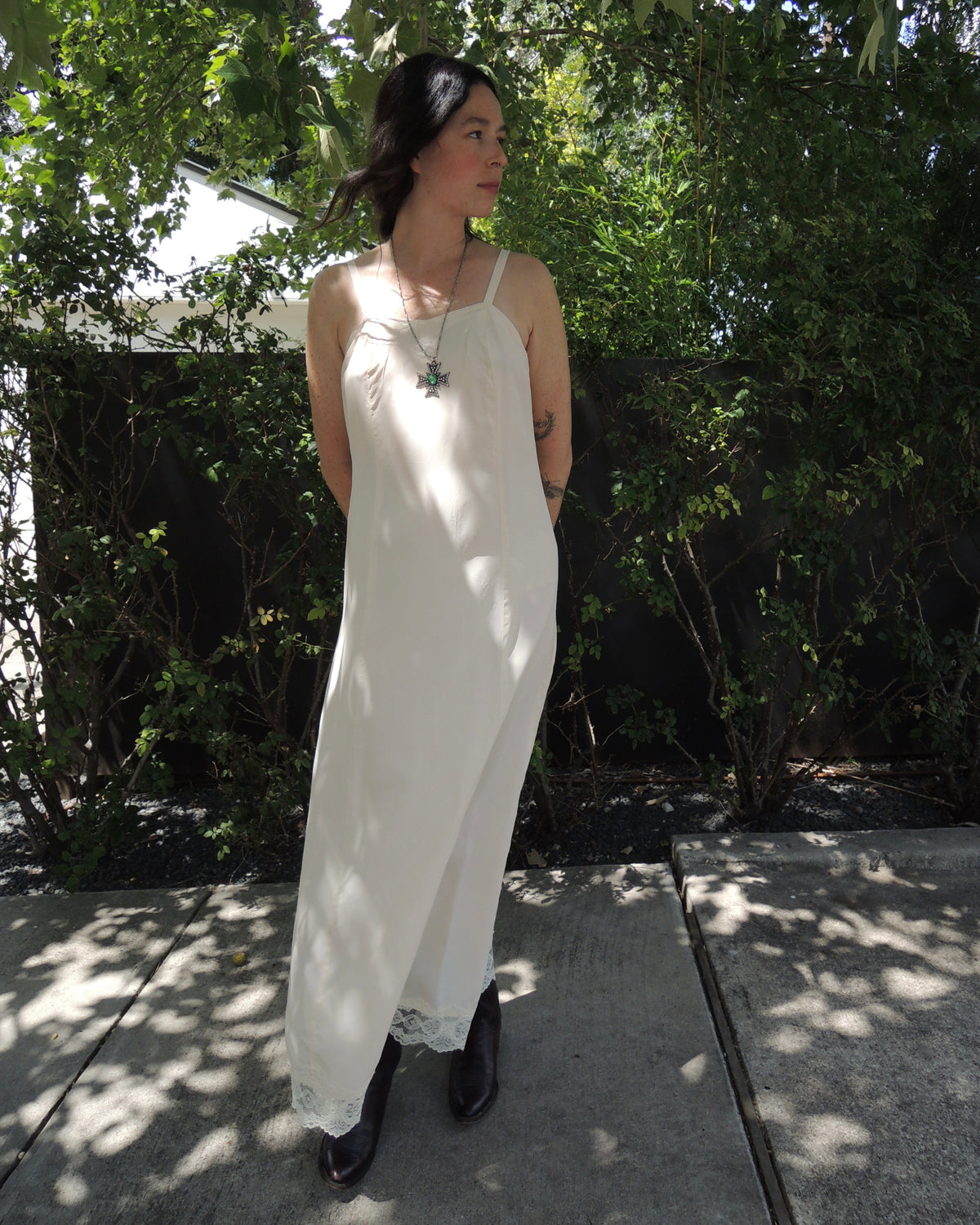 60s a-line taffeta maxi slip dress (S/M)