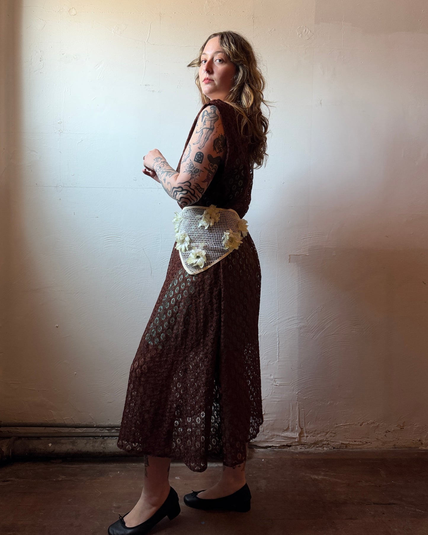 70s Brown Openwork Sheer Lace Maxi Dress [L]