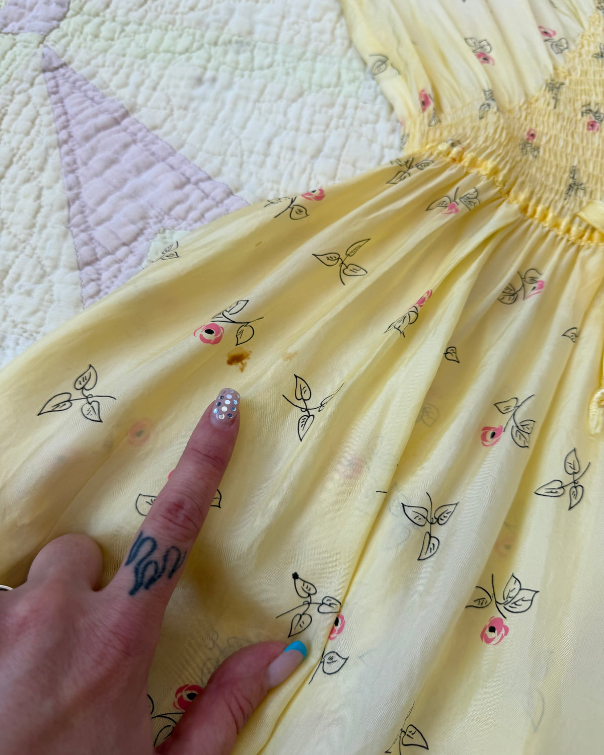 40s Yellow Rosebud Smocked Midi Dress [S-L]